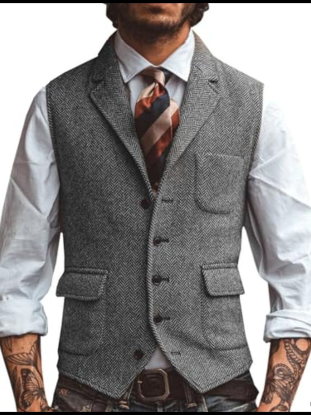 Mens Tweed Vest Wool Blend Herringbone Waistcoat Regular Fit